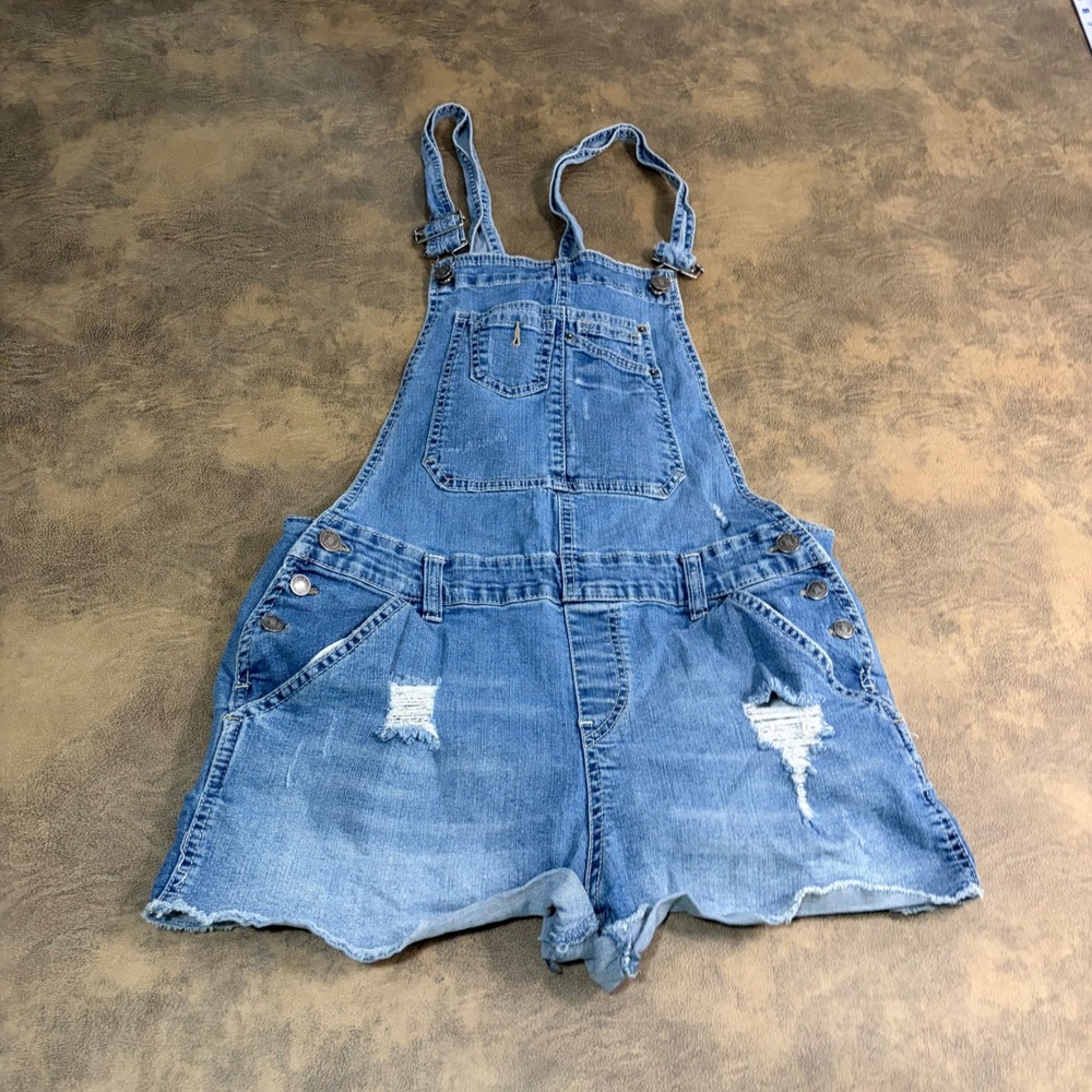 Unionbay Denim Overalls Womens Large Blue Distressed Shortalls J891369